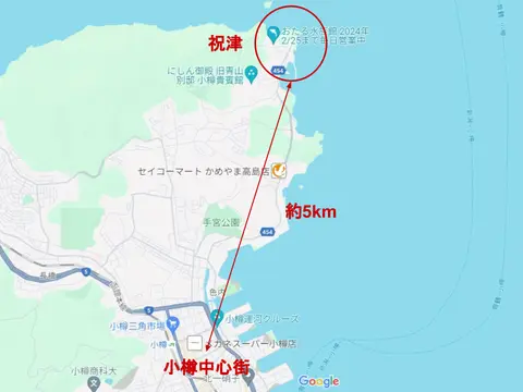 祝津と小樽中心街の位置関係